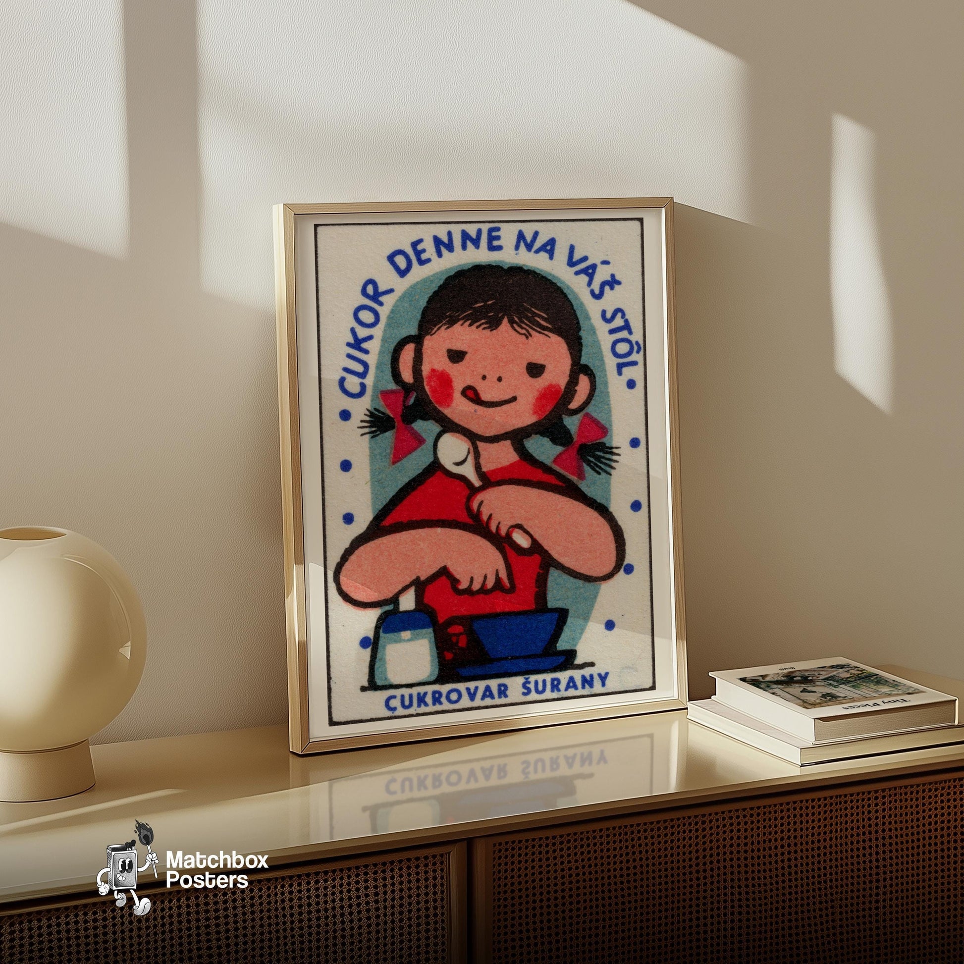 Girl Eating Food - vintage matchbox label print - size comparison