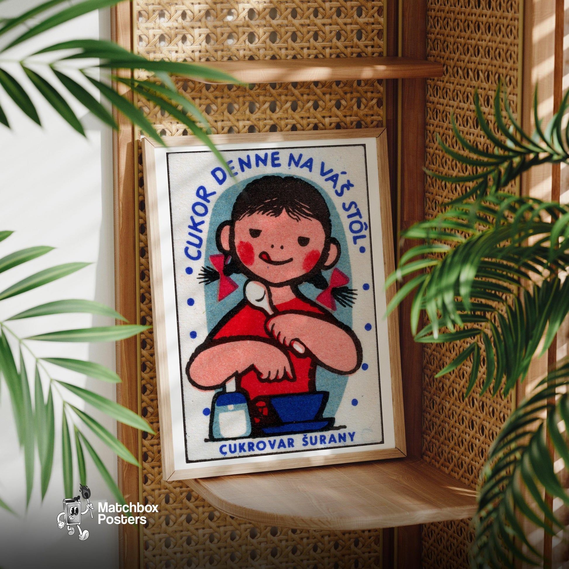 Girl Eating Food - vintage matchbox label print - office wall