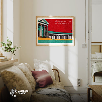Zemedelske Museum - vintage matchbox label print - living room mockup