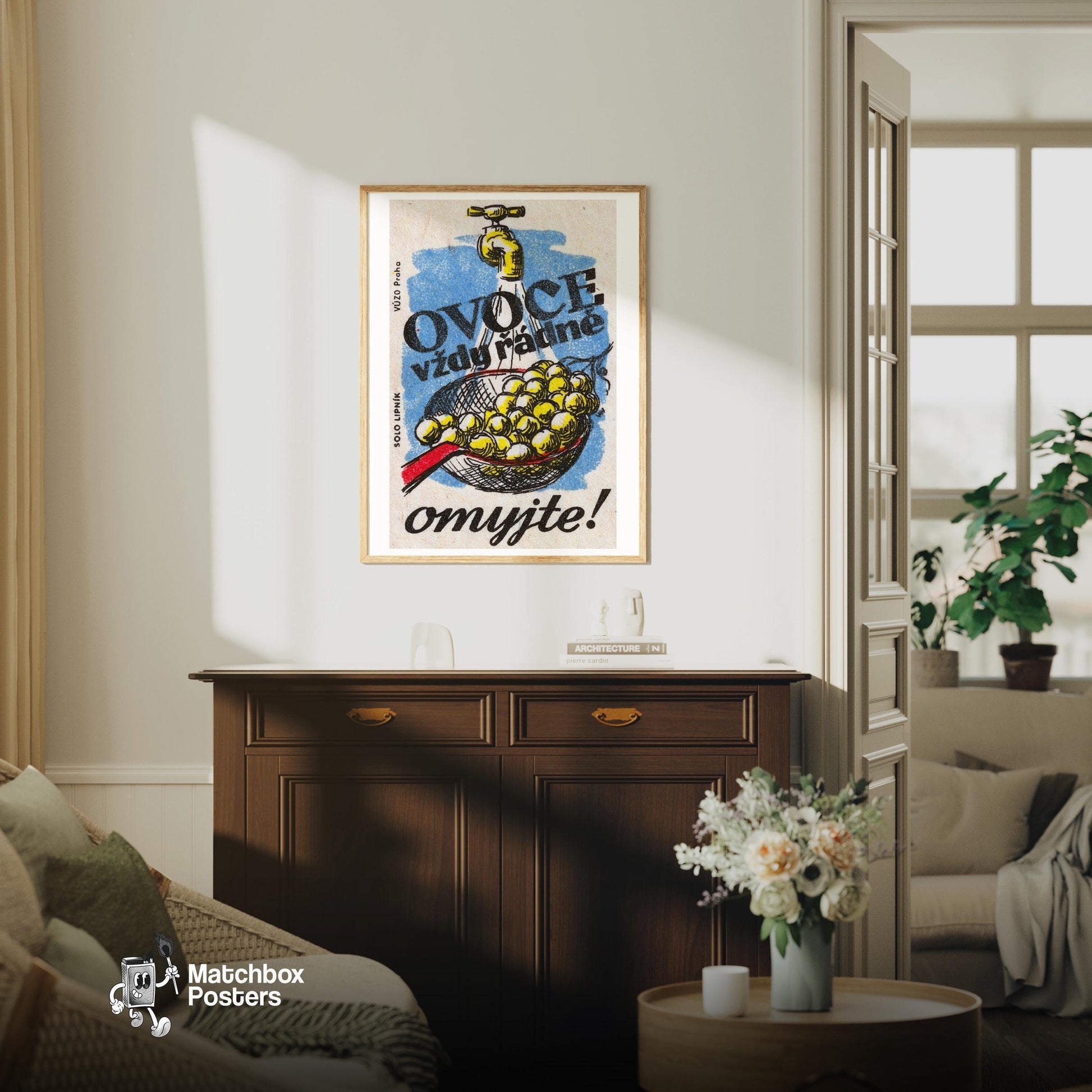 Washing Grapes - vintage matchbox label print - living room mockup