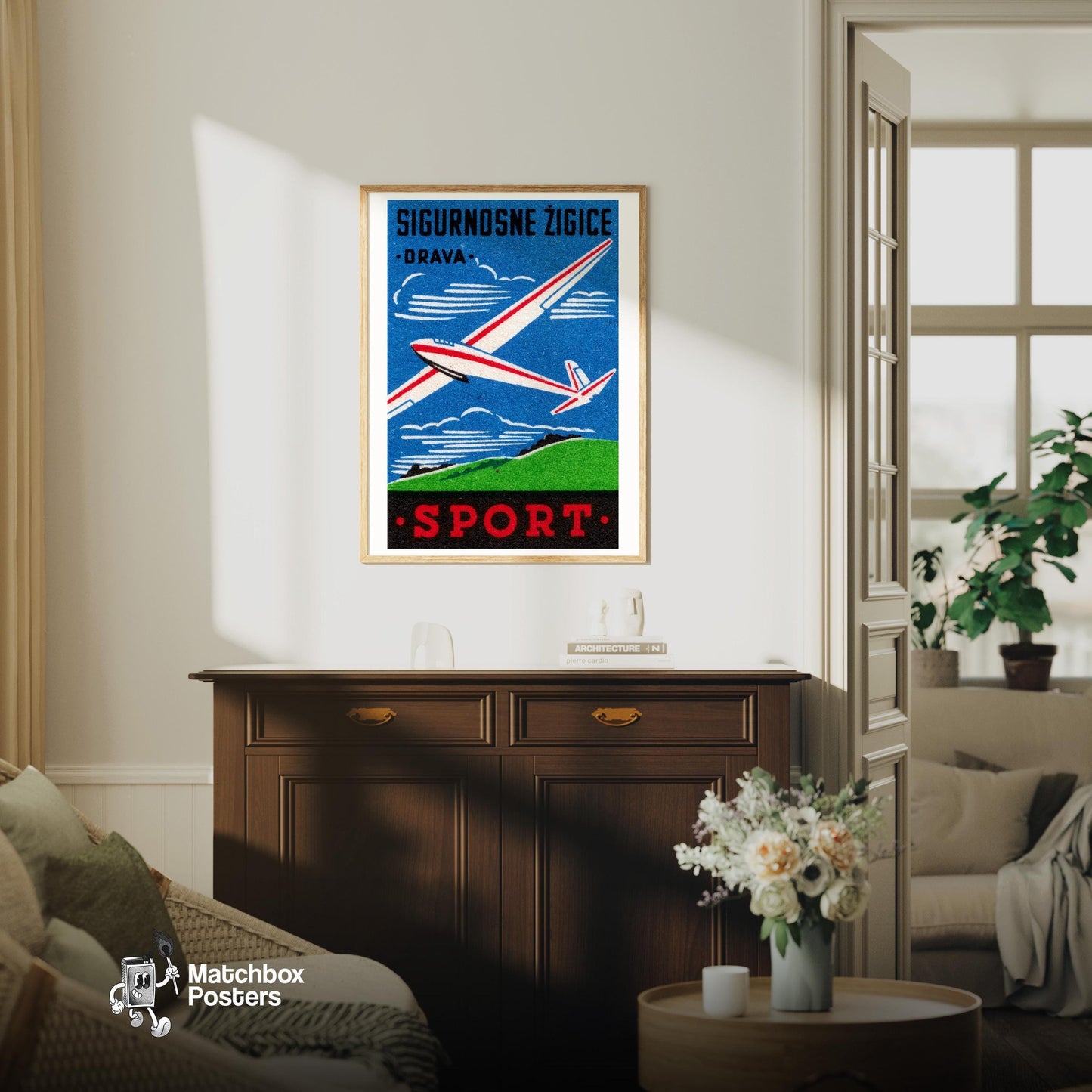 Glider - vintage matchbox label print - living room mockup