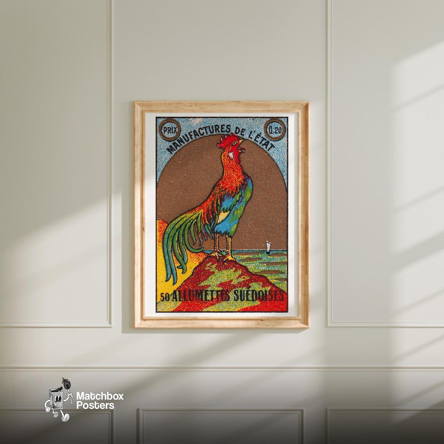 Colorful Rooster - vintage matchbox label print - bedroom mockup