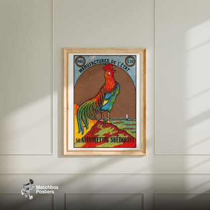 Colorful Rooster - vintage matchbox label print - bedroom mockup