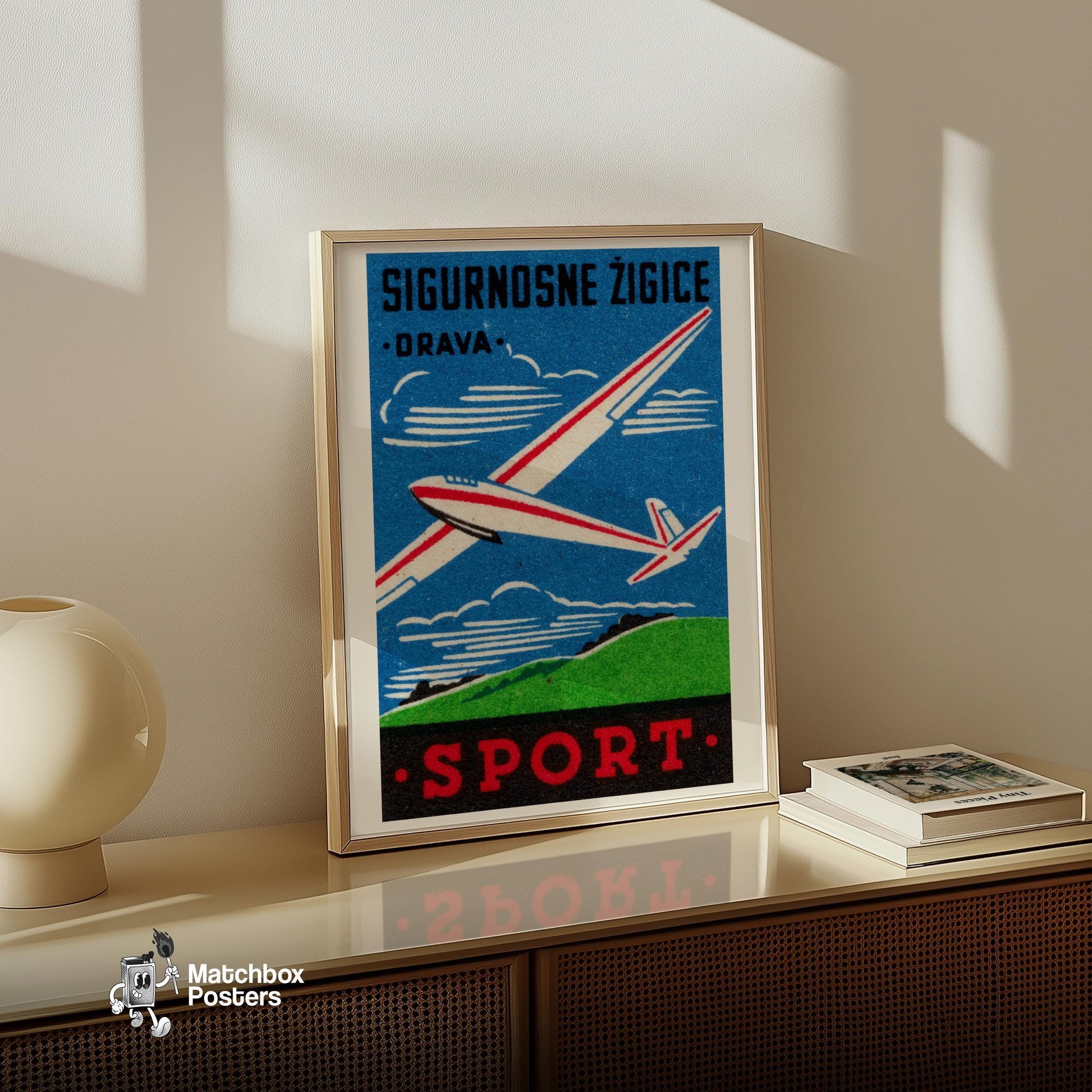 Glider - vintage matchbox label print - size comparison