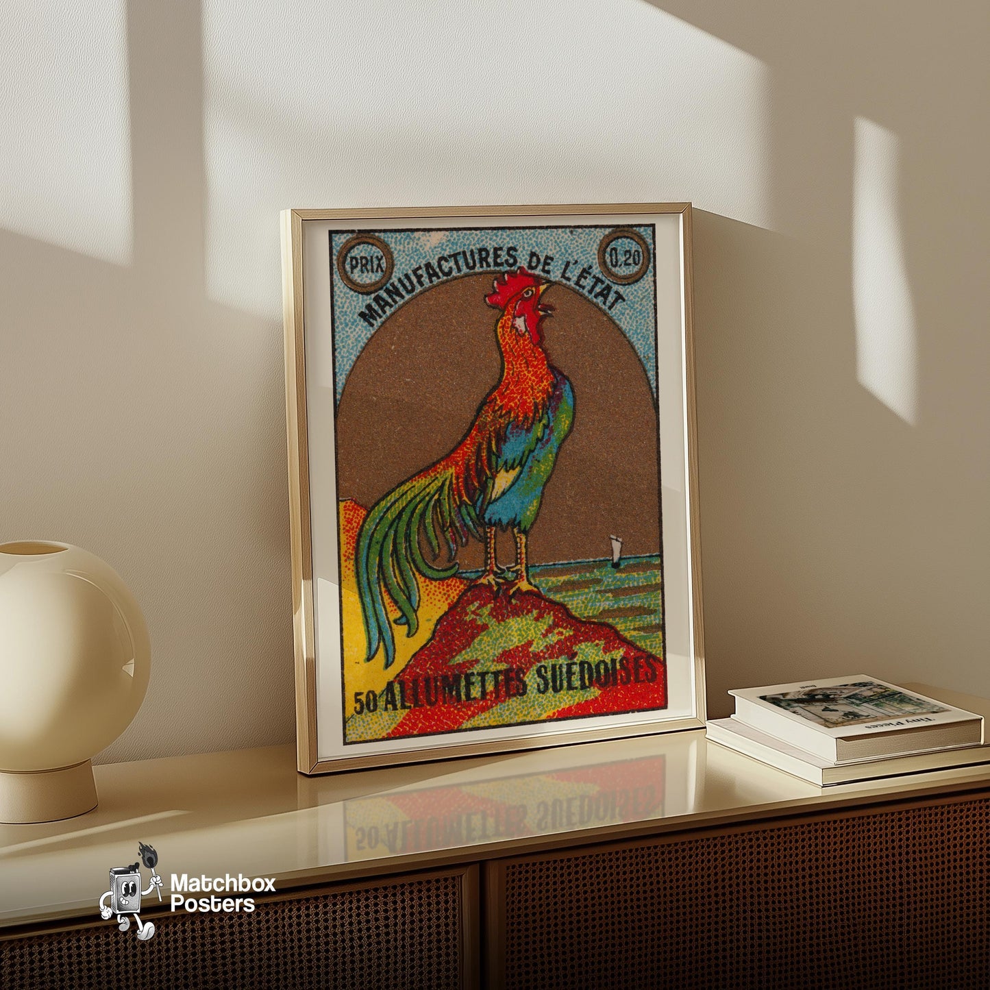 Colorful Rooster - vintage matchbox label print - size comparison