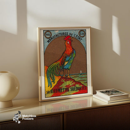 Colorful Rooster - vintage matchbox label print - size comparison
