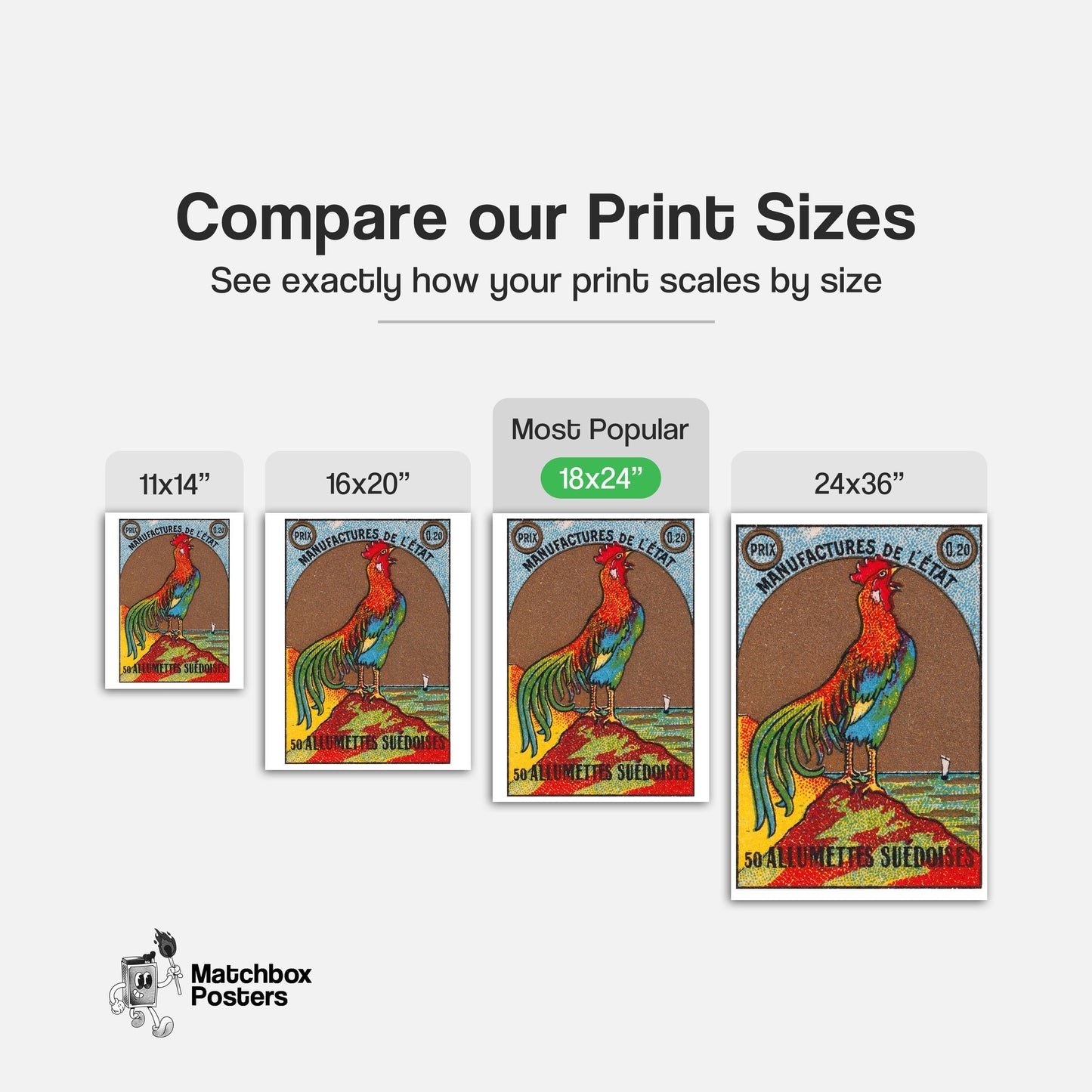 Colorful Rooster - vintage matchbox label print - gallery wall preview
