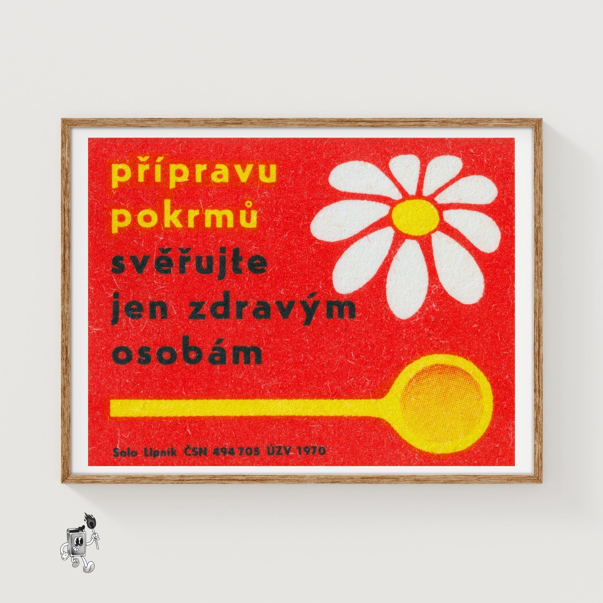 White Daisy with Yellow Spoon - vintage matchbox label print