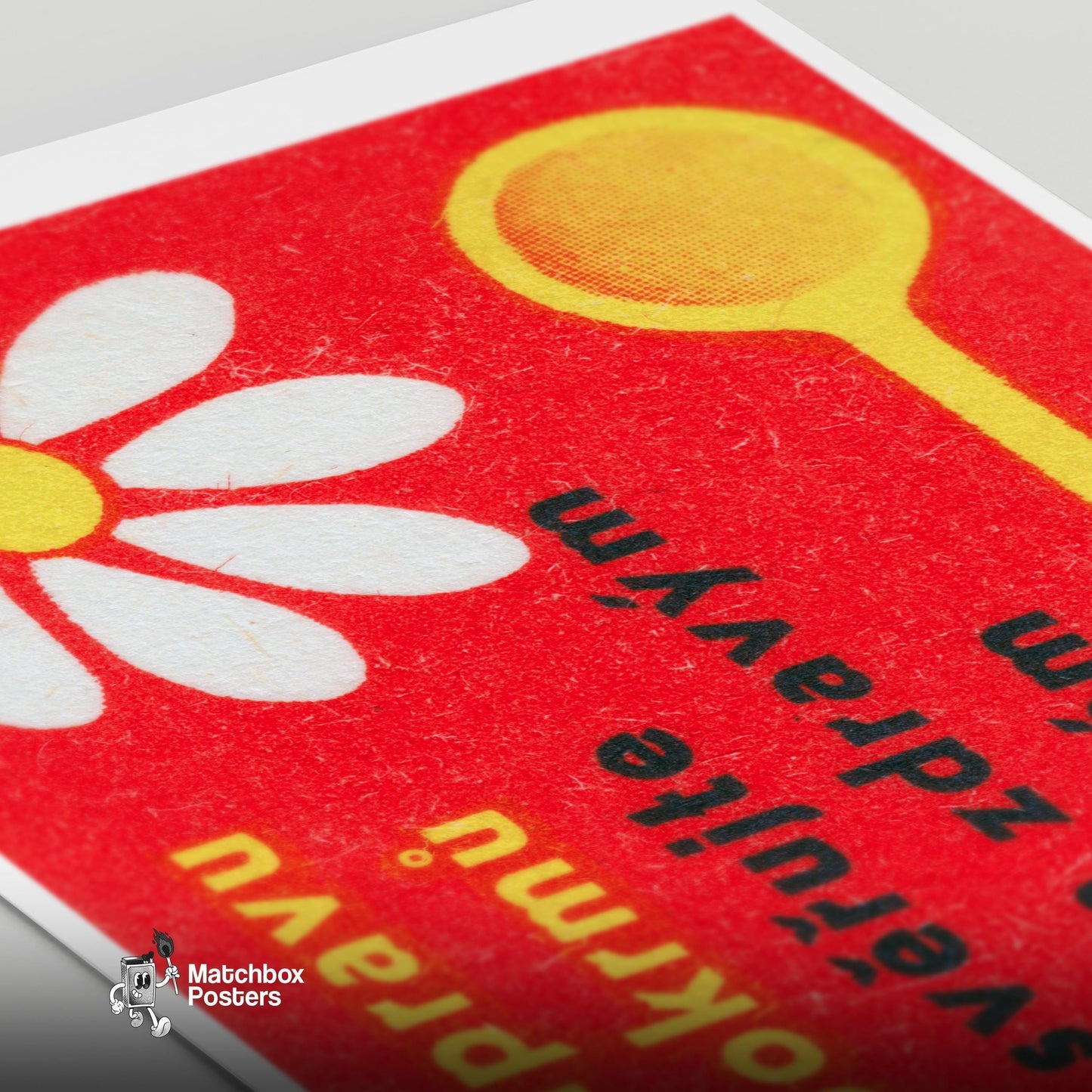 White Daisy with Yellow Spoon - vintage matchbox label print - close-up detail
