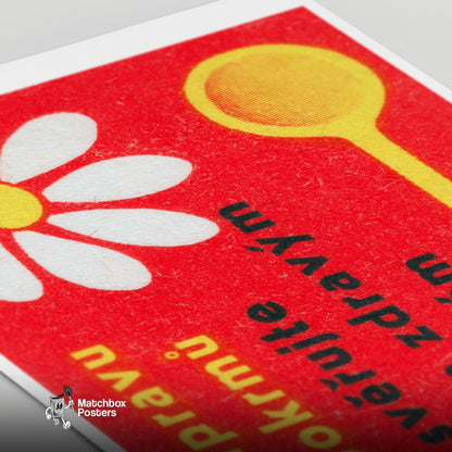 White Daisy with Yellow Spoon - vintage matchbox label print - close-up detail