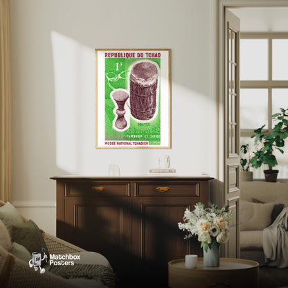 African Drums - vintage matchbox label print - living room mockup