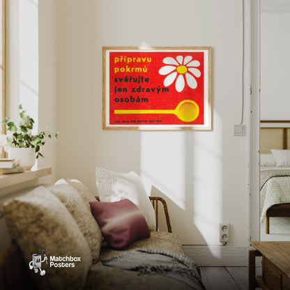 White Daisy with Yellow Spoon - vintage matchbox label print - living room mockup