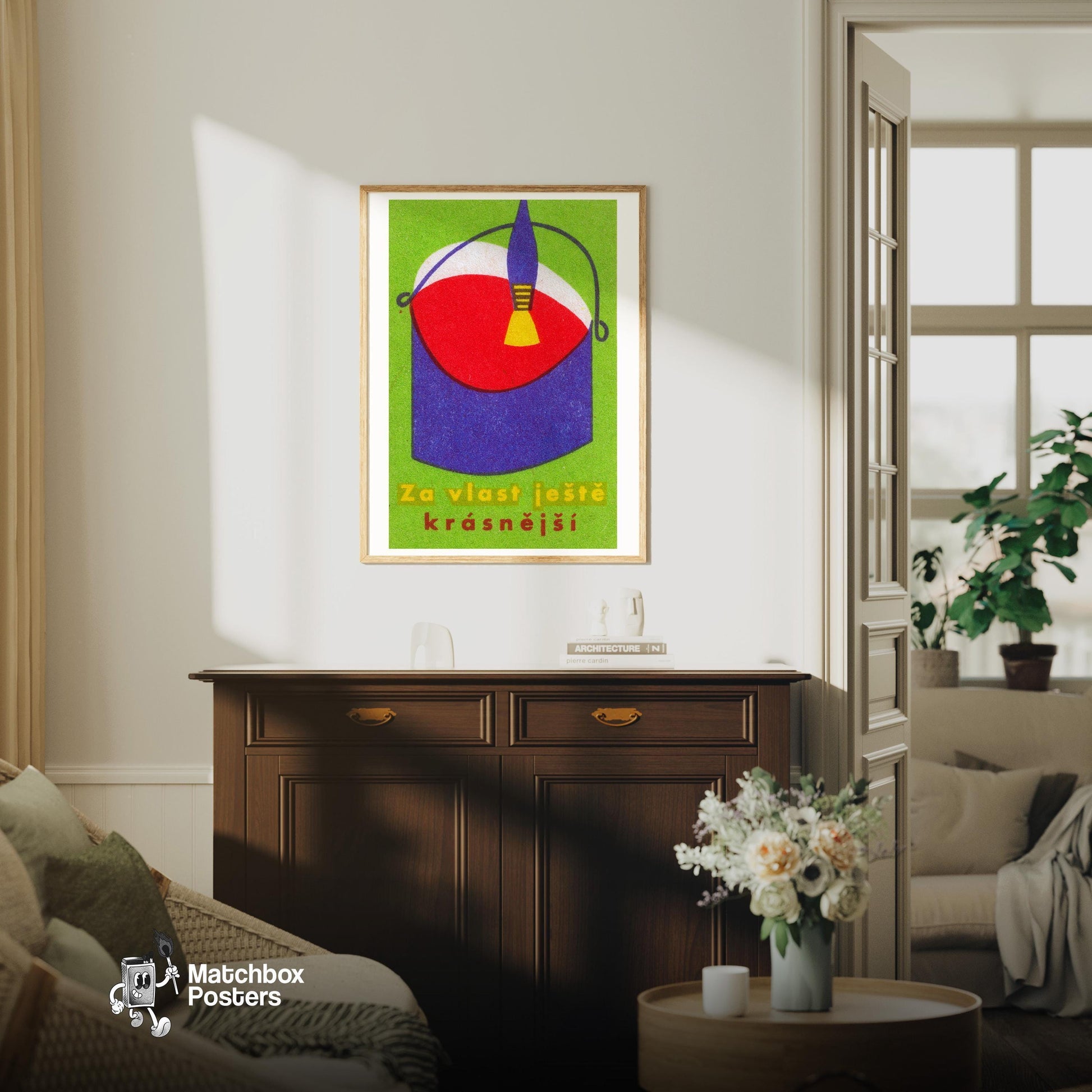 Red Paint Bucket - vintage matchbox label print - living room mockup