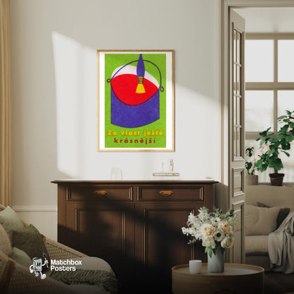 Red Paint Bucket - vintage matchbox label print - living room mockup
