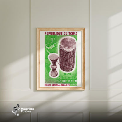 African Drums - vintage matchbox label print - bedroom mockup