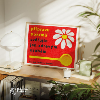 White Daisy with Yellow Spoon - vintage matchbox label print - office wall