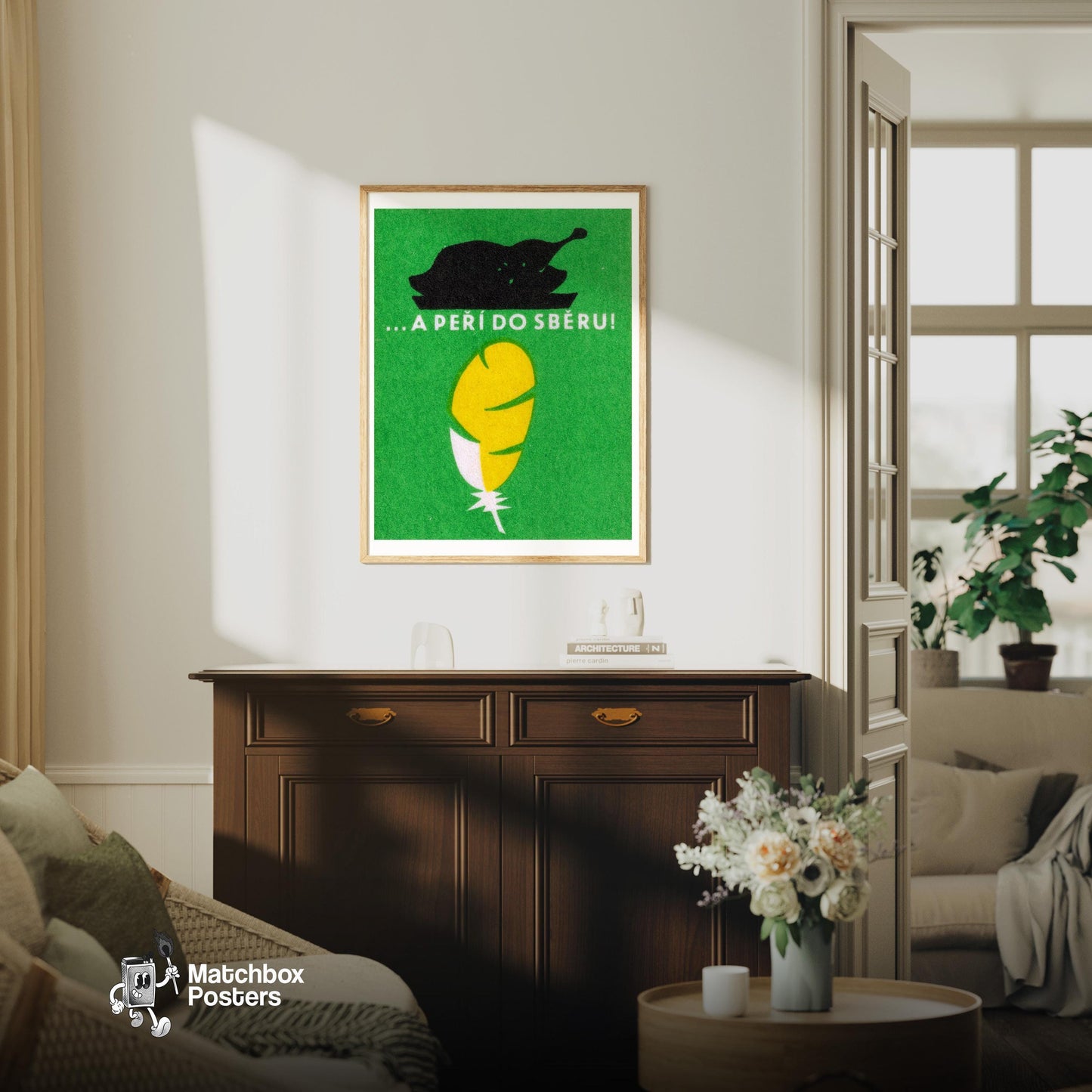 Yellow Feather and Bird - vintage matchbox label print - living room mockup