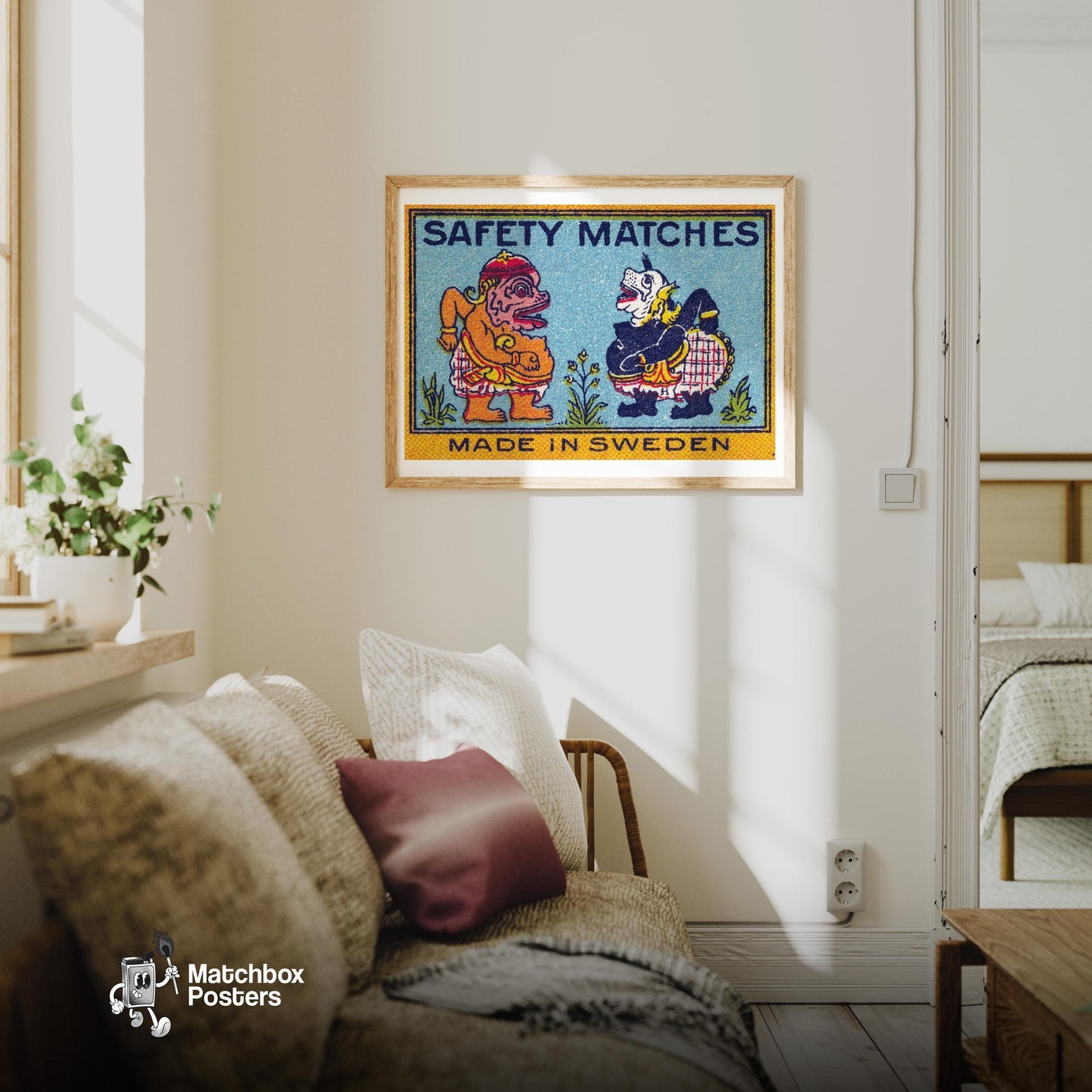 Indonesian Gods - vintage matchbox label print - living room mockup