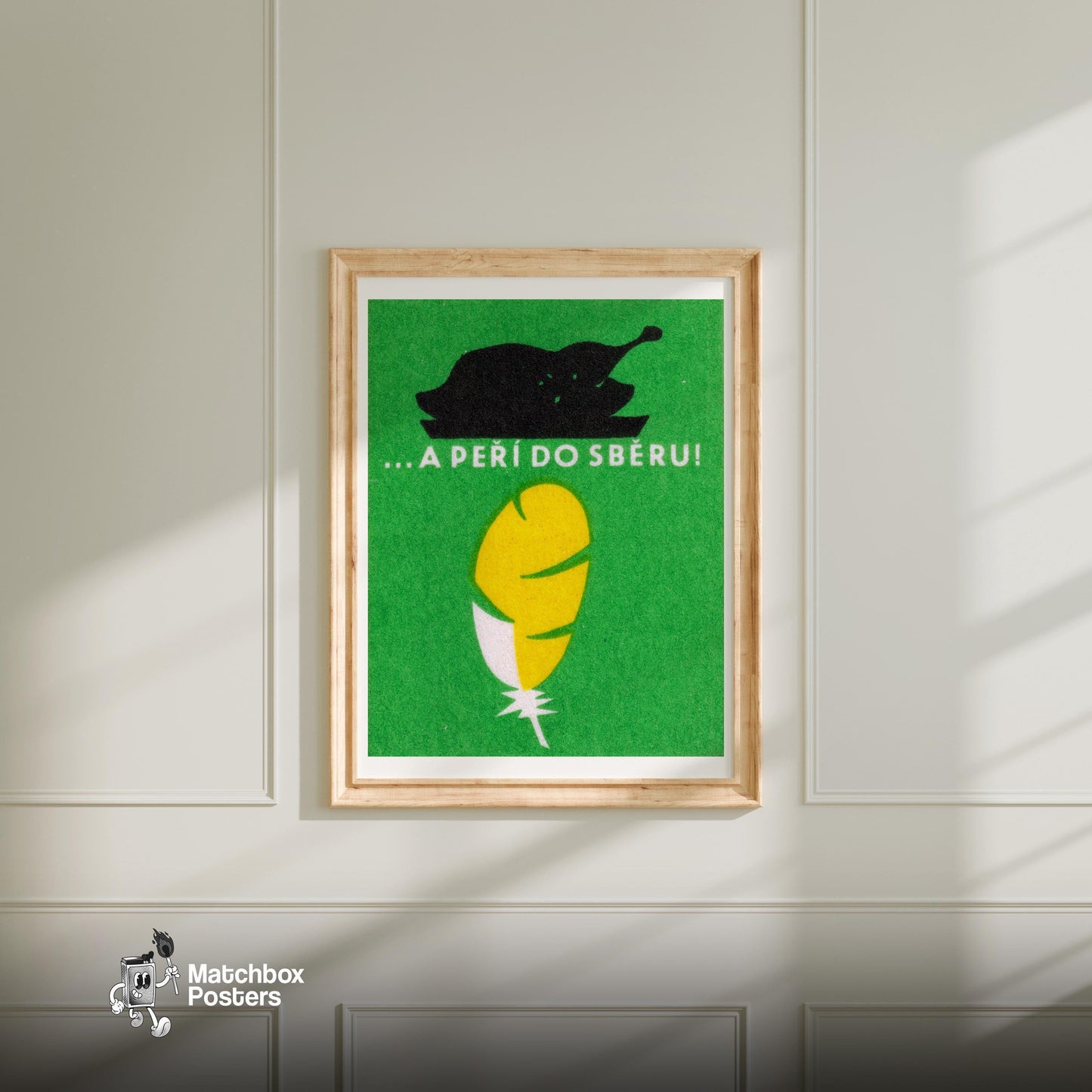 Yellow Feather and Bird - vintage matchbox label print - bedroom mockup