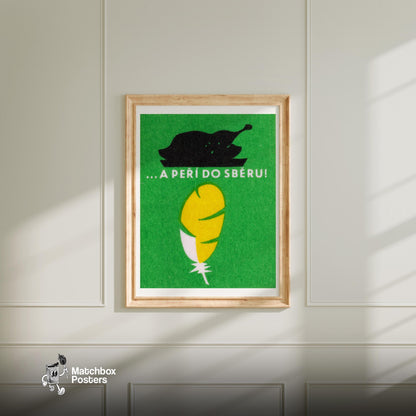Yellow Feather and Bird - vintage matchbox label print - bedroom mockup