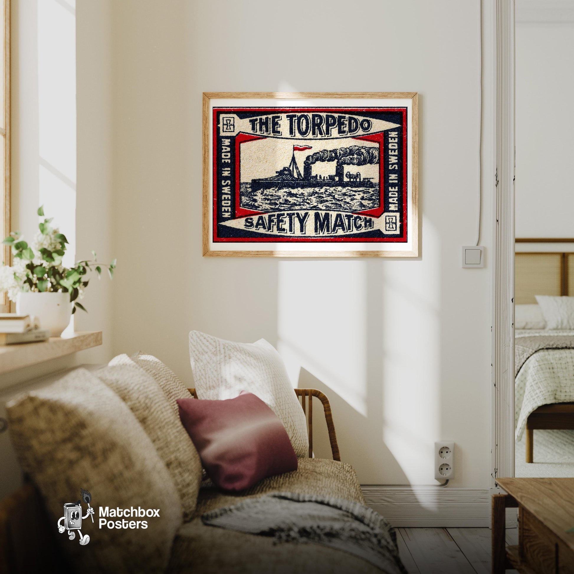 The Torpedo - vintage matchbox label print - living room mockup