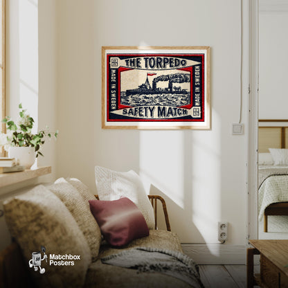 The Torpedo - vintage matchbox label print - living room mockup