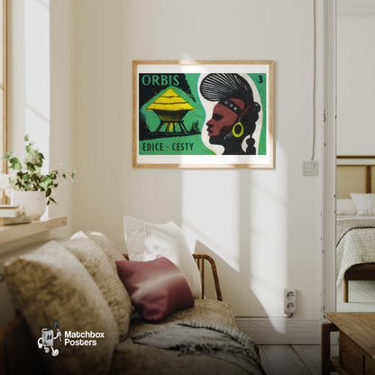 African Tribal Hut - vintage matchbox label print - living room mockup