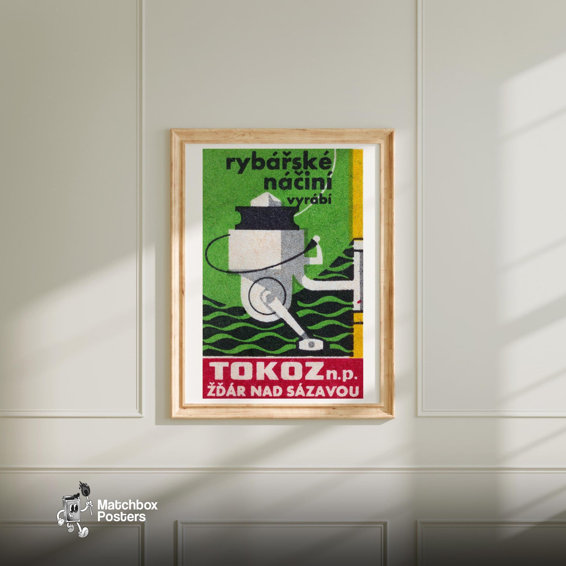 Yellow Fishing Rod - vintage matchbox label print - bedroom mockup