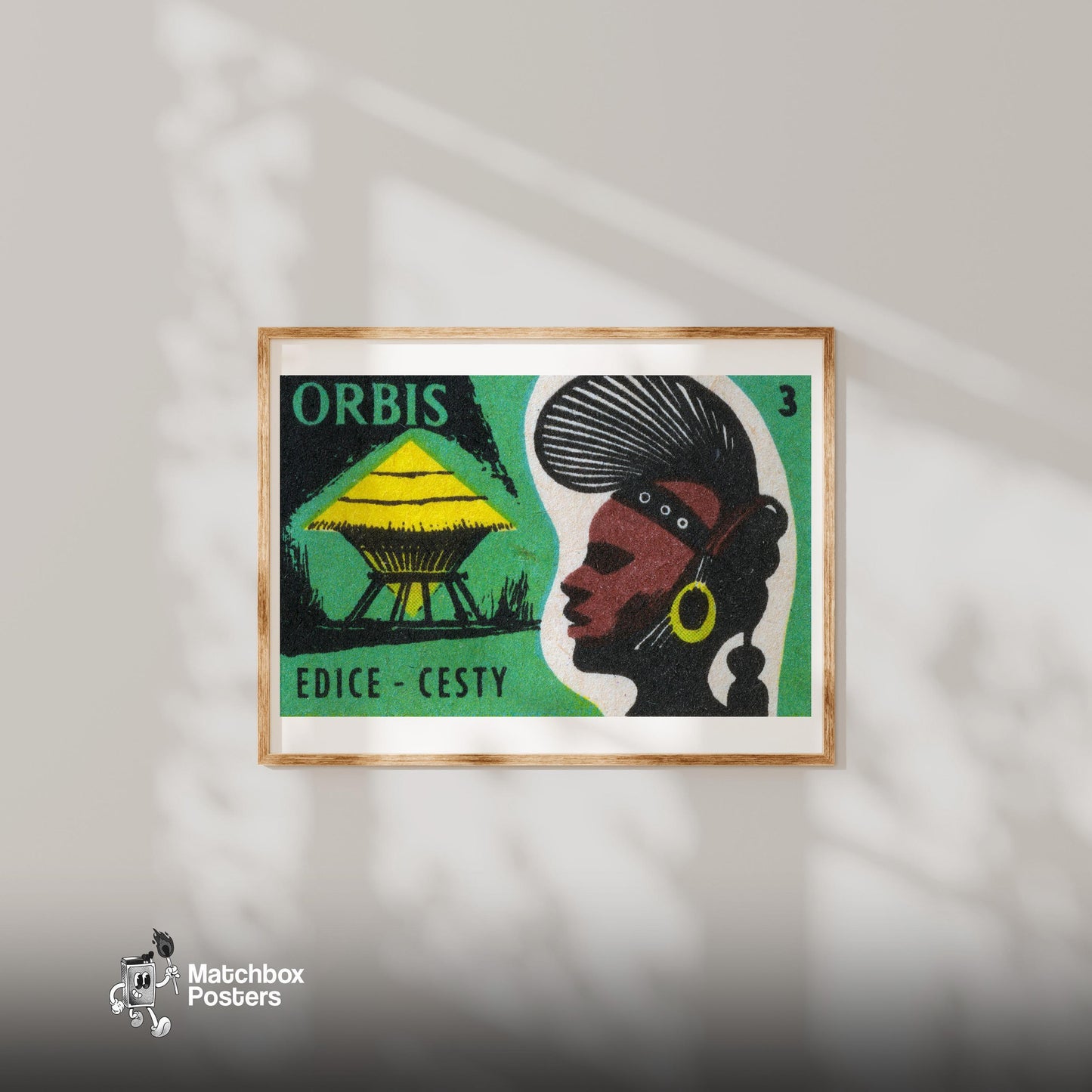 African Tribal Hut - vintage matchbox label print - bedroom mockup
