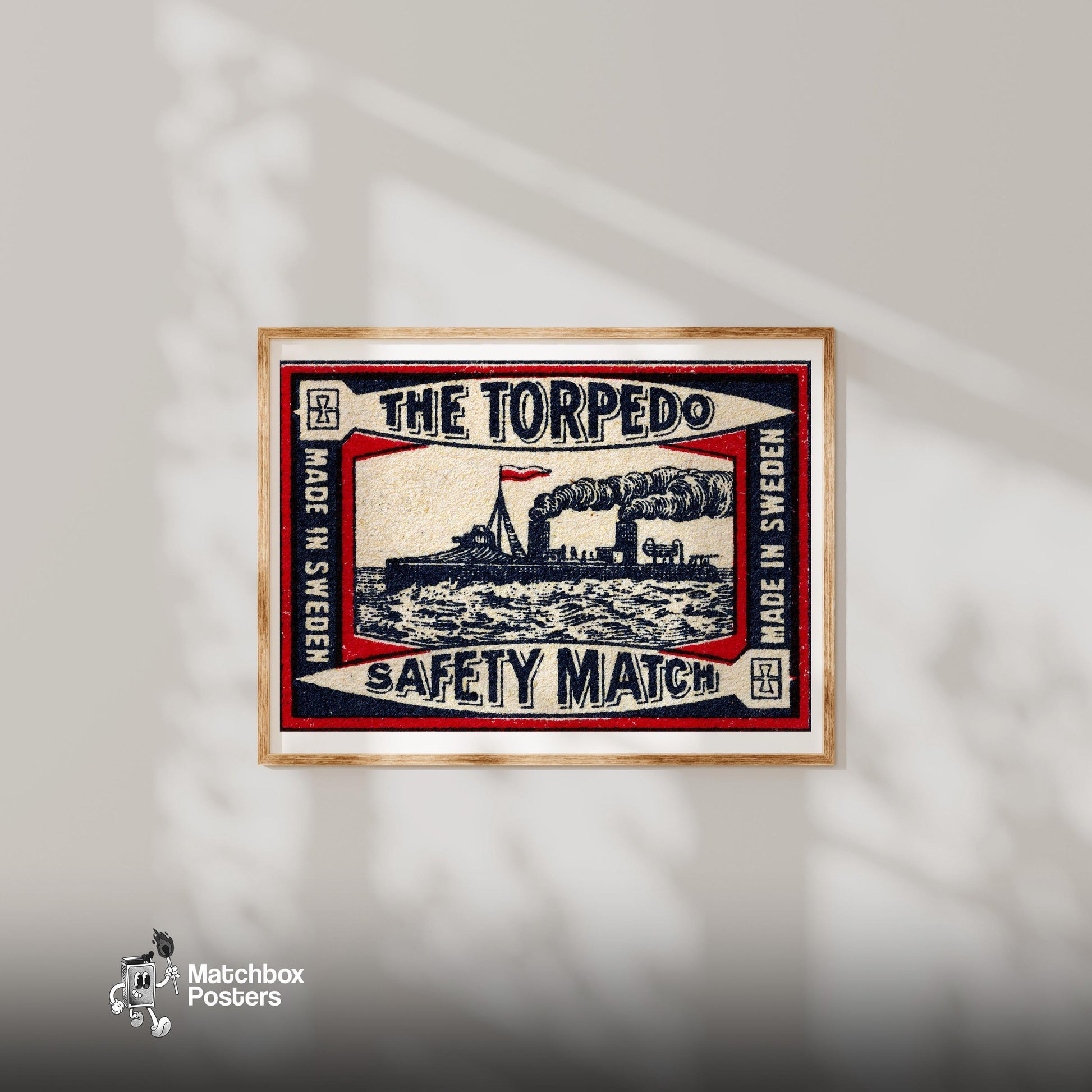The Torpedo - vintage matchbox label print - bedroom mockup