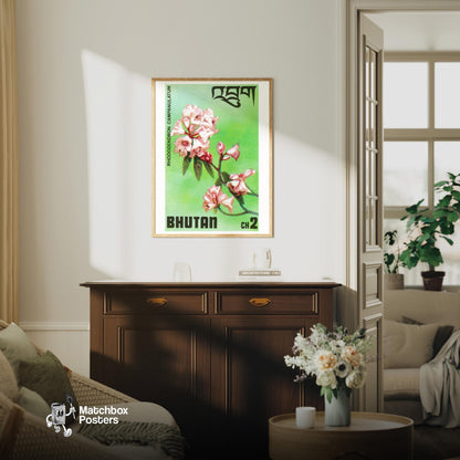 Pink Rhododendron - vintage matchbox label print - living room mockup