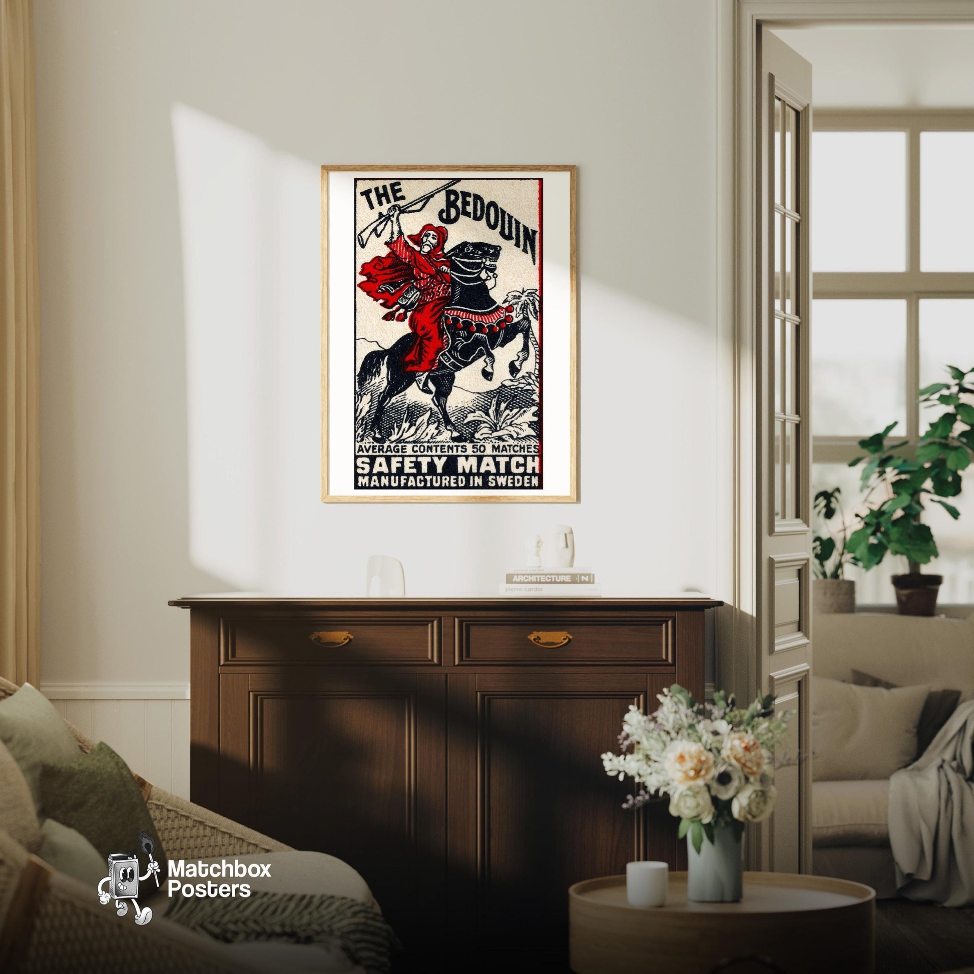 Bedouin Rider - vintage matchbox label print - living room mockup