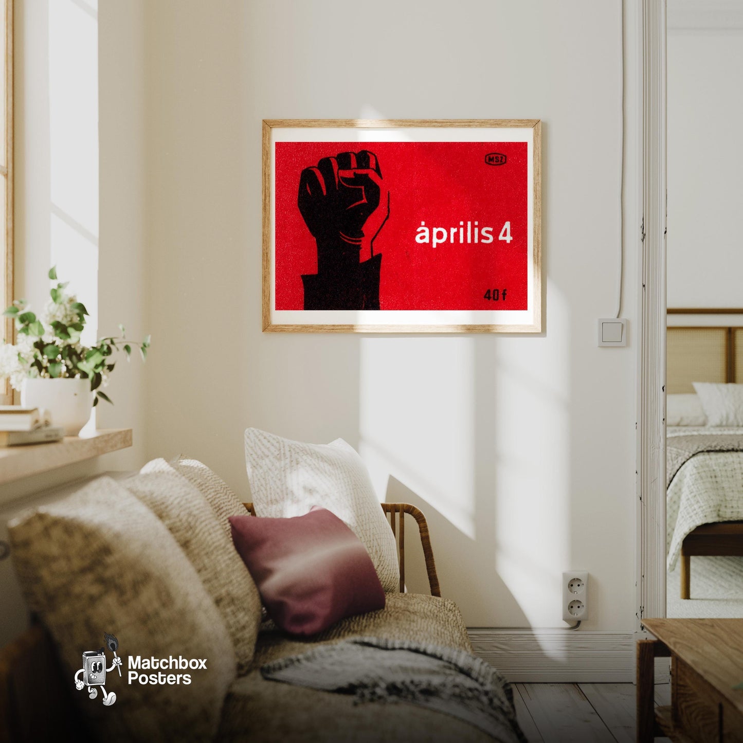 Red Fist - vintage matchbox label print - living room mockup