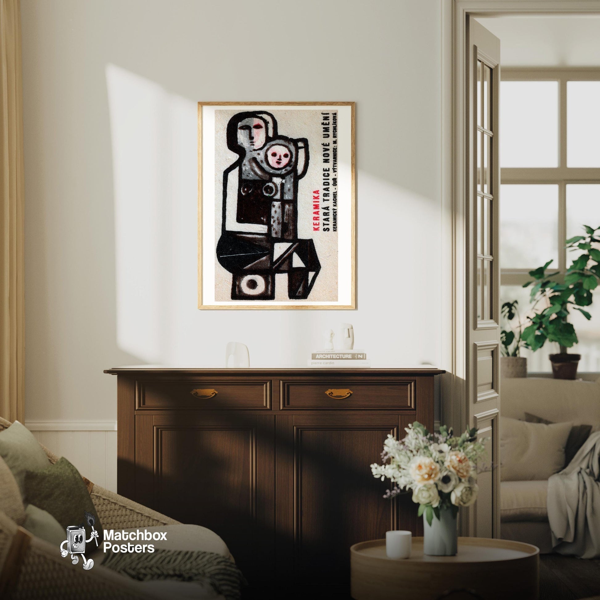 Abstract Faces - vintage matchbox label print - living room mockup