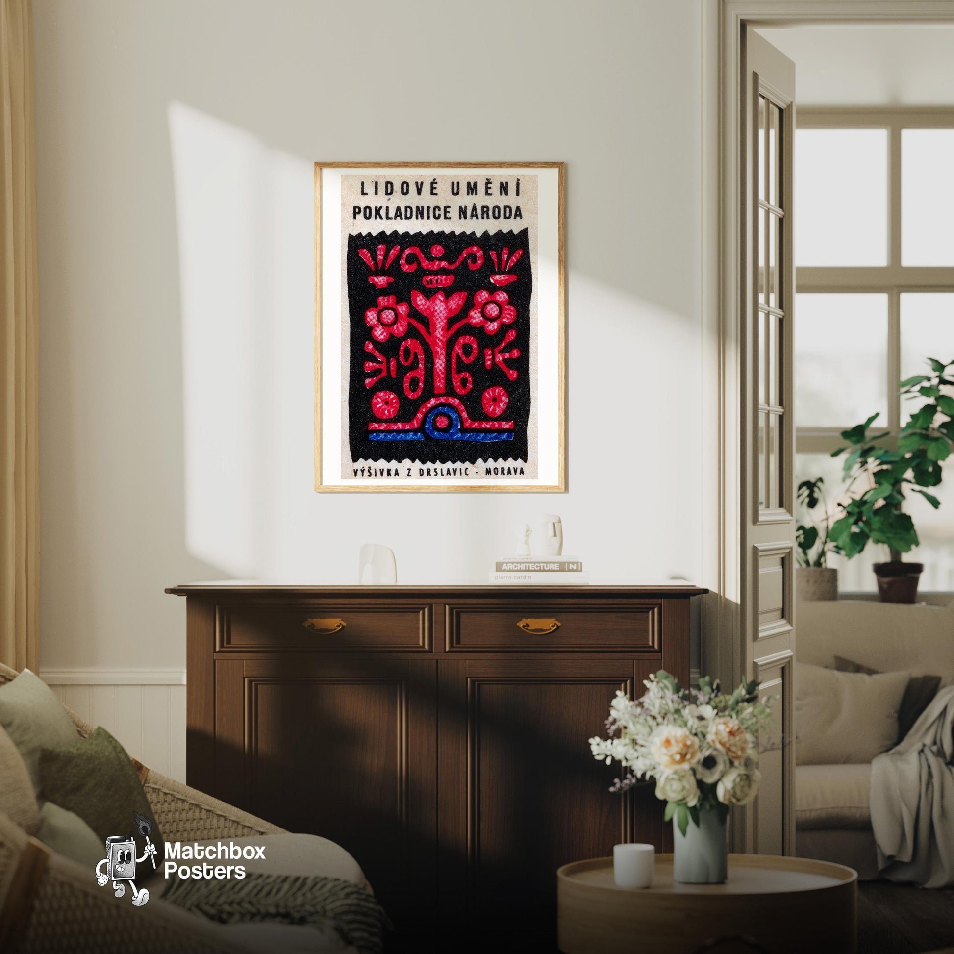 Red Flower - vintage matchbox label print - living room mockup