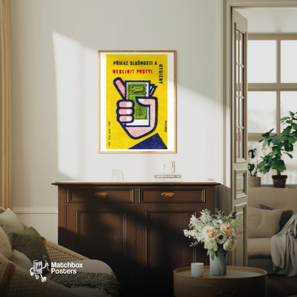 Hand Holding Money - vintage matchbox label print - living room mockup