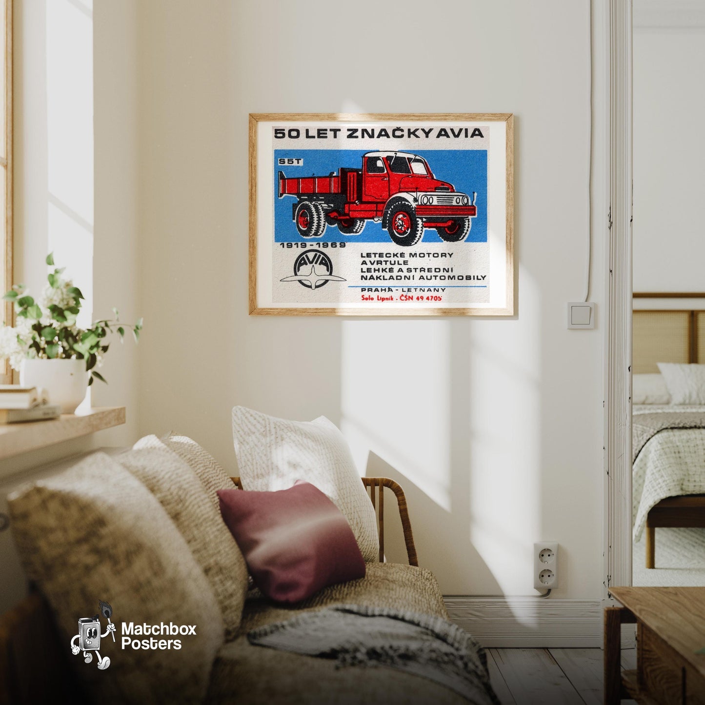 Red Truck - vintage matchbox label print - living room mockup