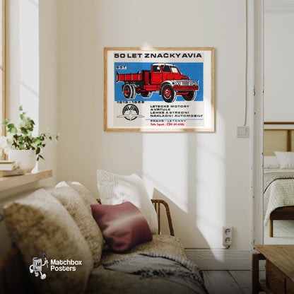 Red Truck - vintage matchbox label print - living room mockup