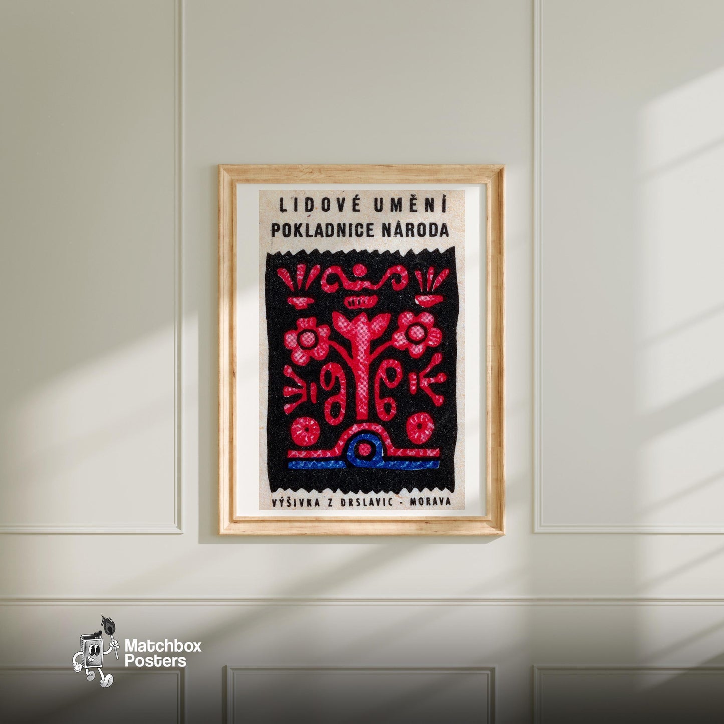 Red Flower - vintage matchbox label print - bedroom mockup