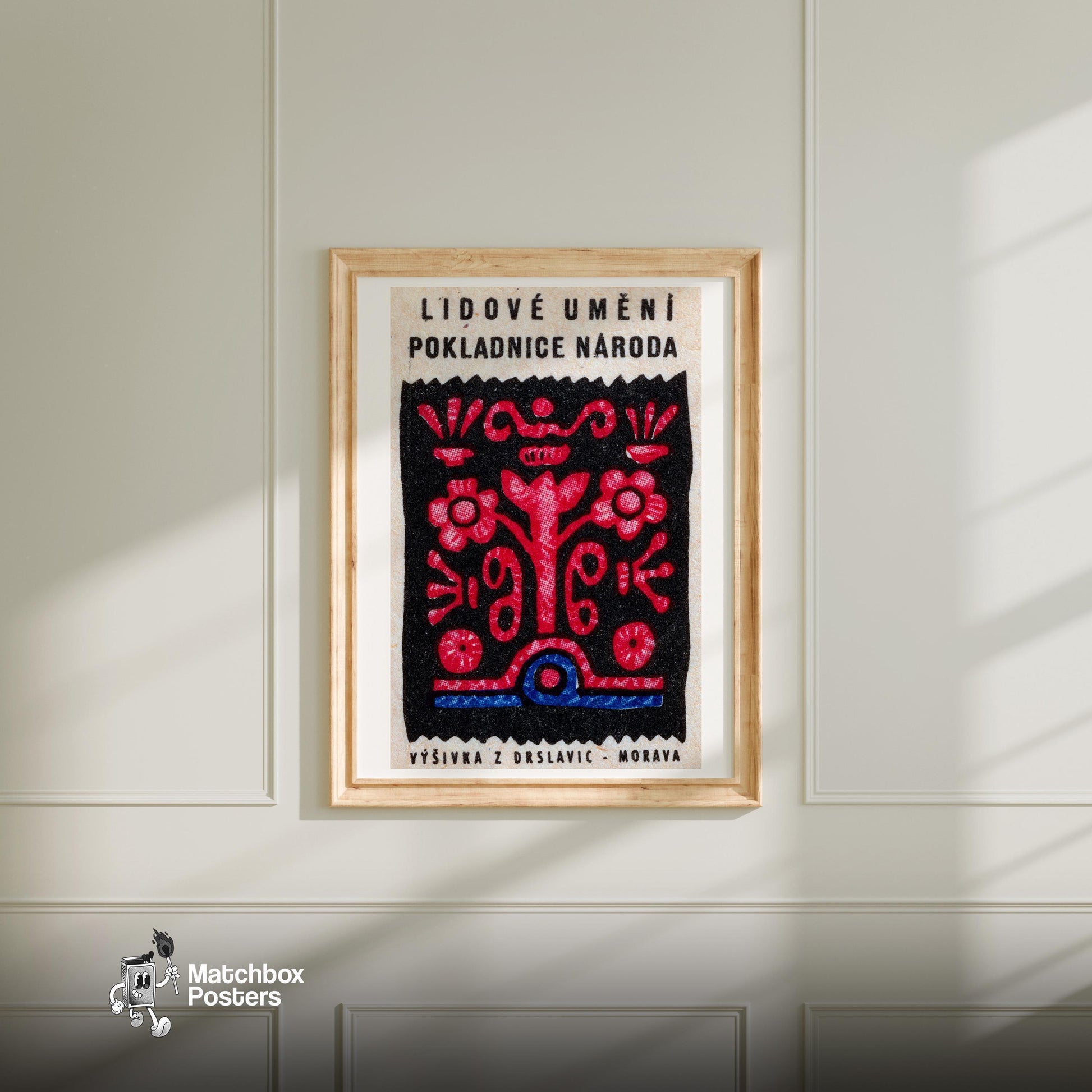Red Flower - vintage matchbox label print - bedroom mockup