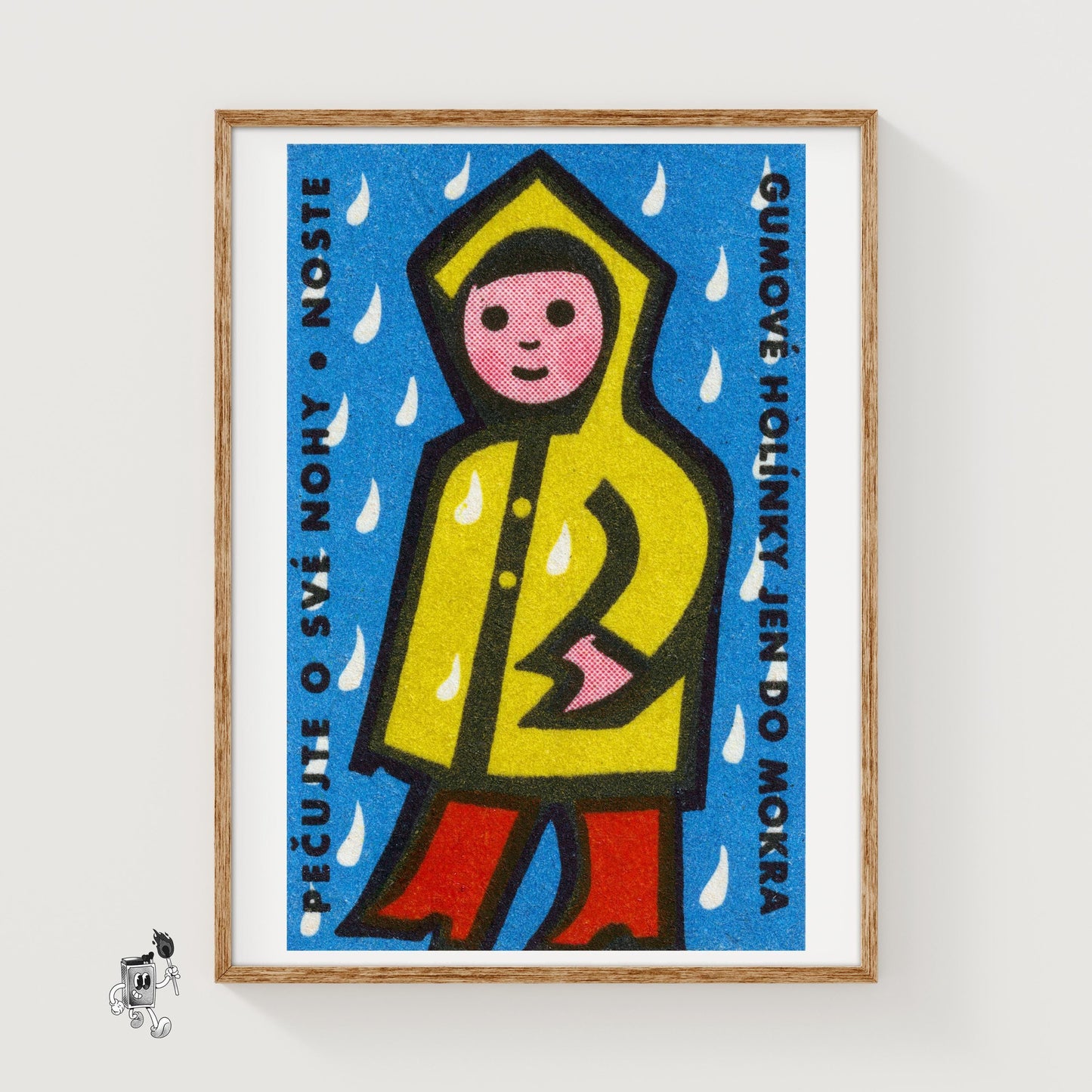 Person in Yellow Raincoat - vintage matchbox label print