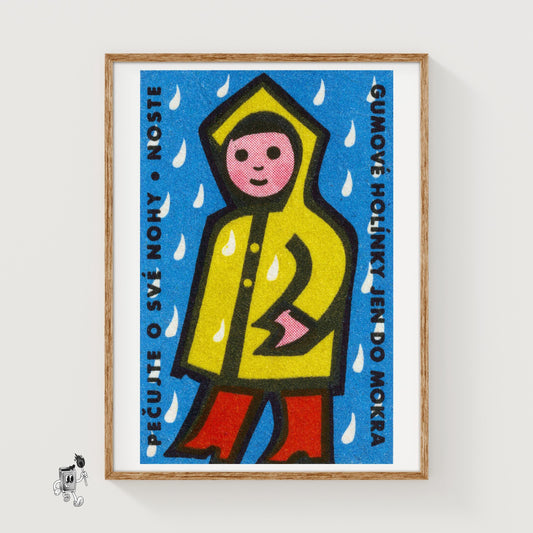 Person in Yellow Raincoat - vintage matchbox label print