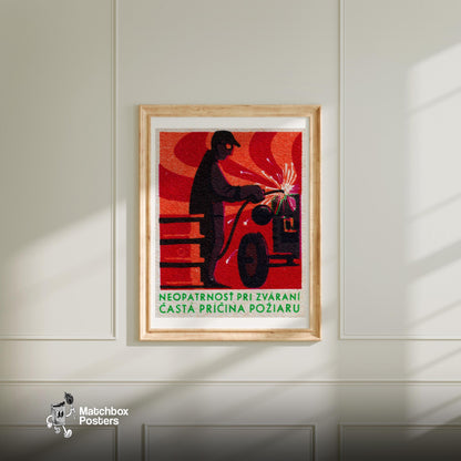 Silhouette Of A Welder - vintage matchbox label print - bedroom mockup