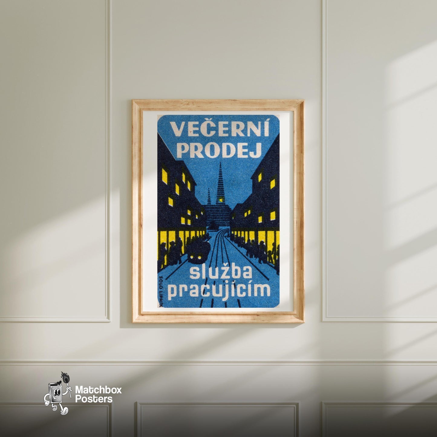 Tram on City Street - vintage matchbox label print - bedroom mockup