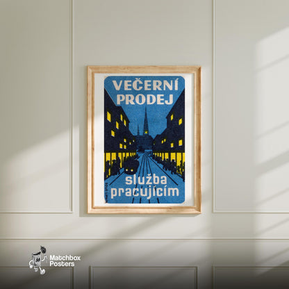 Tram on City Street - vintage matchbox label print - bedroom mockup