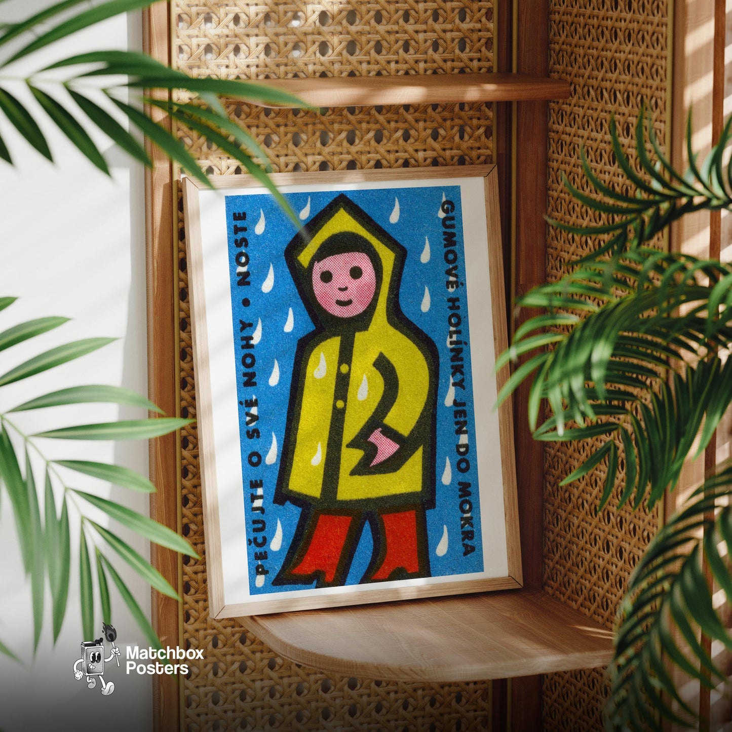Person in Yellow Raincoat - vintage matchbox label print - office wall