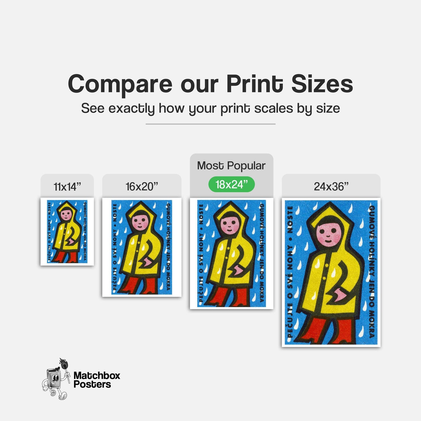 Person in Yellow Raincoat - vintage matchbox label print - gallery wall preview