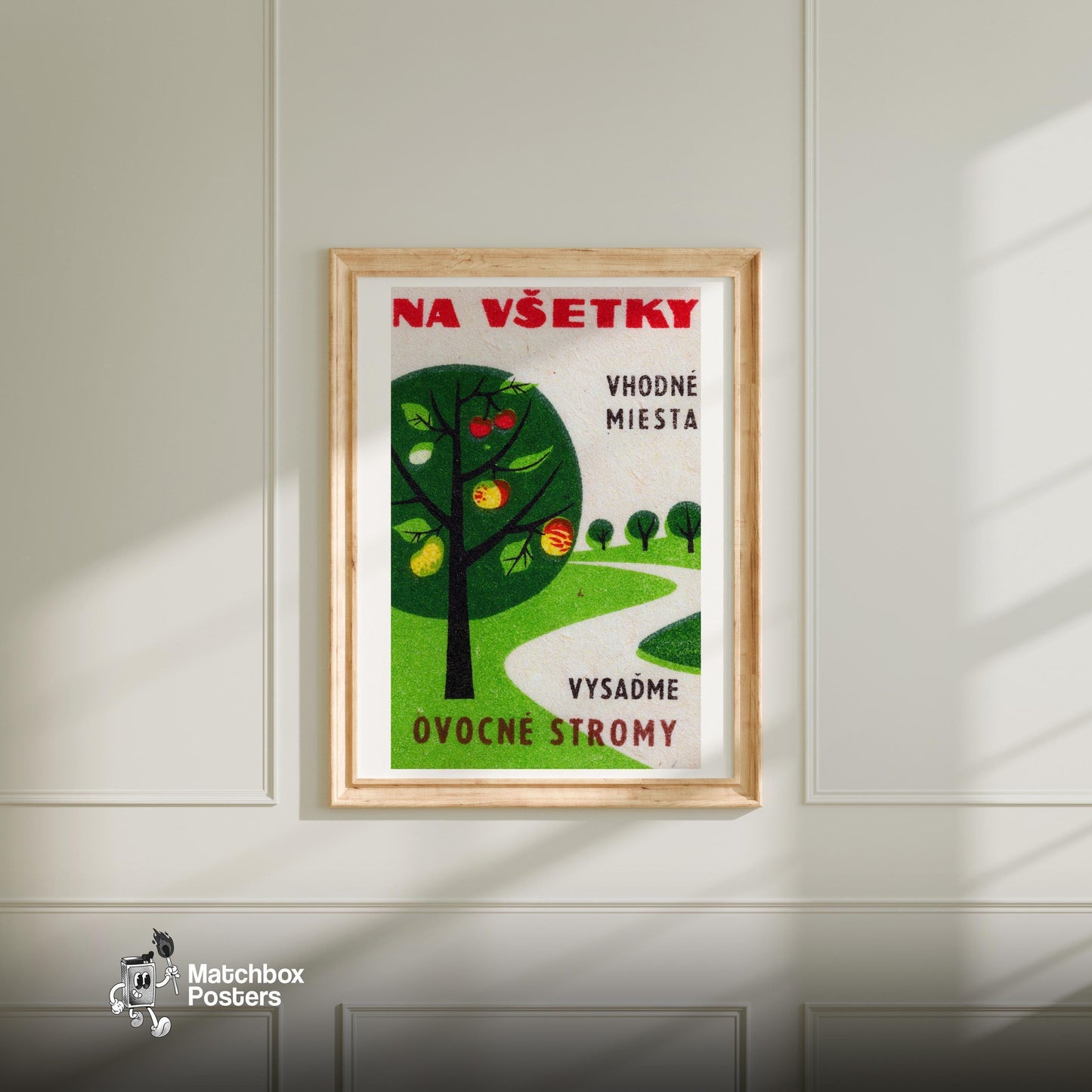 Fruit Trees - vintage matchbox label print - bedroom mockup