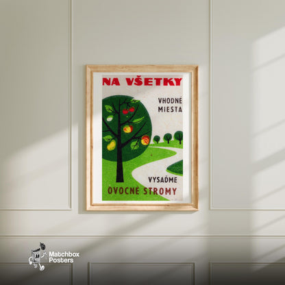 Fruit Trees - vintage matchbox label print - bedroom mockup