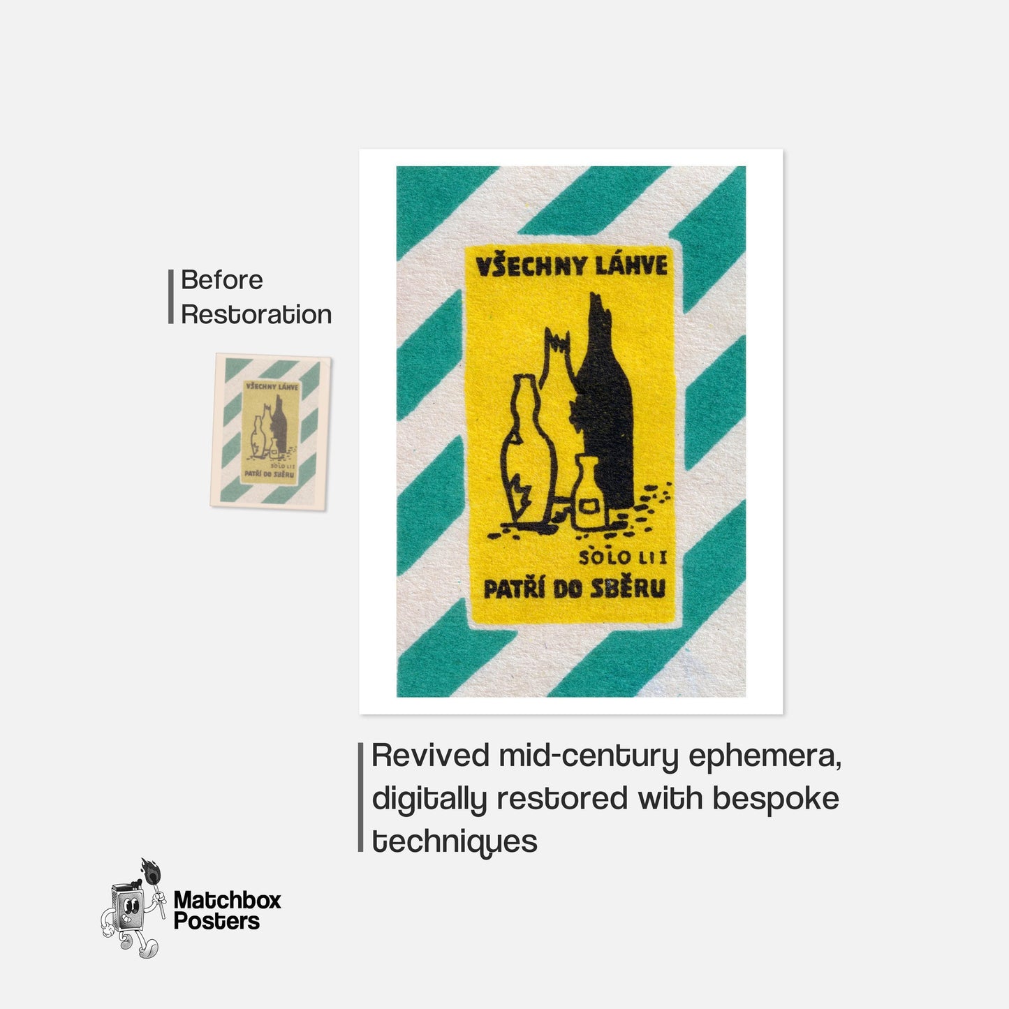 Broken Glass Bottles - vintage matchbox label print - framed wall art preview